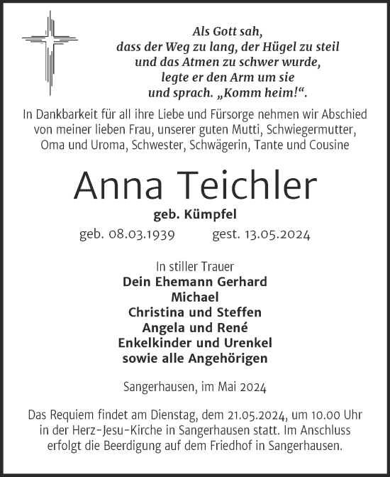 Traueranzeige von Anna Teichler von Mitteldeutsche Zeitung Sangerhausen