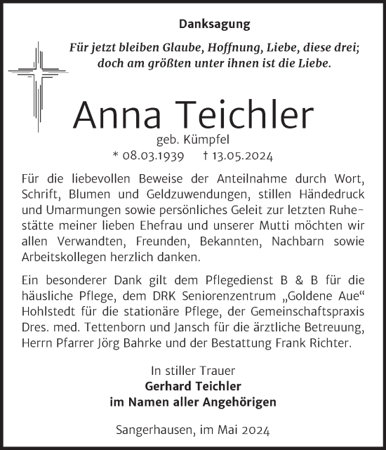 Traueranzeige von Anna Teichler von Trauerkombi Sangerhausen