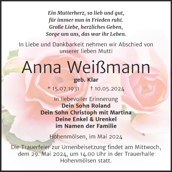 Traueranzeige von Anna Weißmann von Trauerkombi Weißenfels