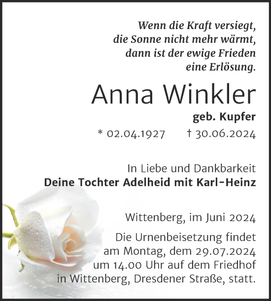 Traueranzeige von Anna Winkler von Trauerkombi Wittenberg