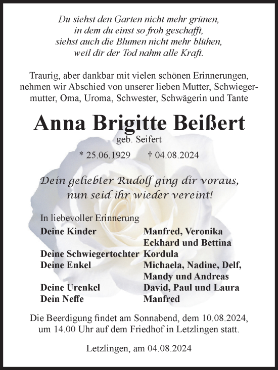 Traueranzeige von Anna Brigitte Beißert von Volksstimme Altmark West