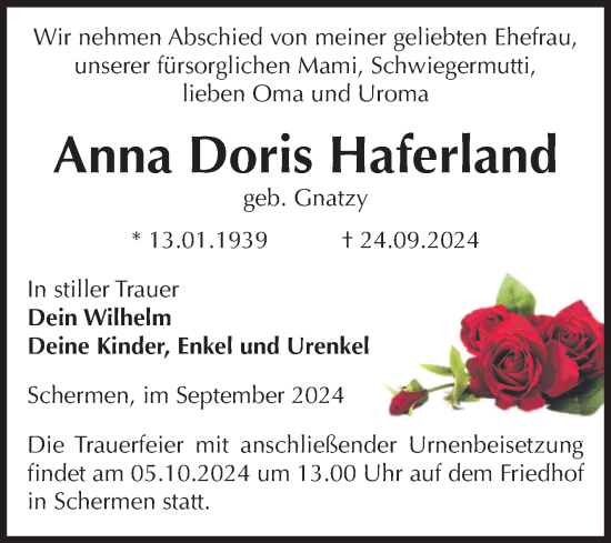 Traueranzeige von Anna Doris Haferland von Volksstimme Burg/Genthin