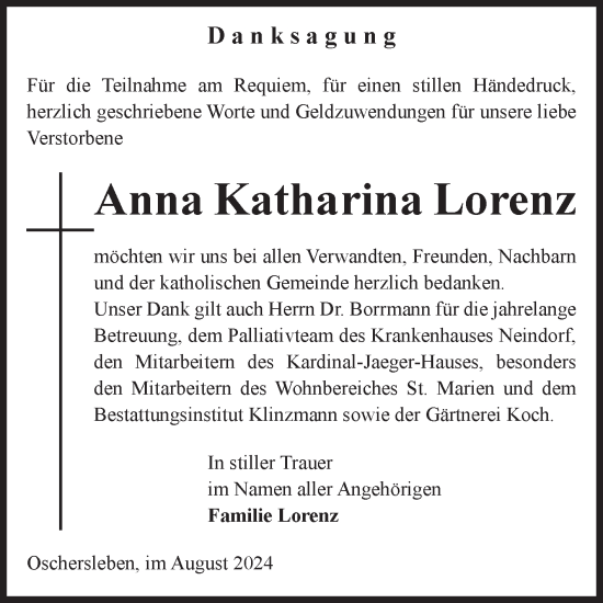 Traueranzeige von Anna Katharina Lorenz von Volksstimme Oschersleben/Wanzleben
