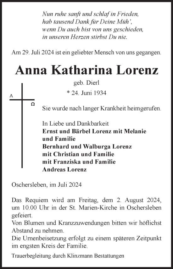 Traueranzeige von Anna Katharina Lorenz von Volksstimme Oschersleben/Wanzleben