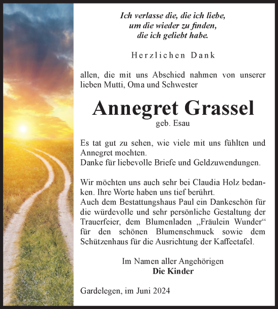 Traueranzeige von Annegret Grassel von Volksstimme Altmark West