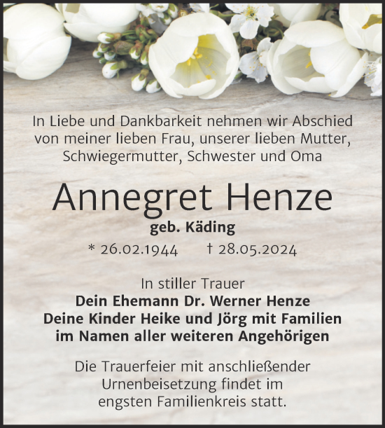 Traueranzeige von Annegret Henze von Trauerkombi Bitterfeld