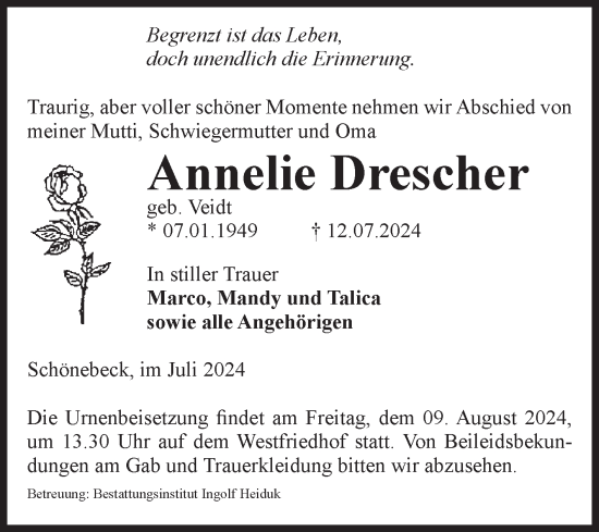 Traueranzeige von Annelie Drescher von Volksstimme Schönebeck