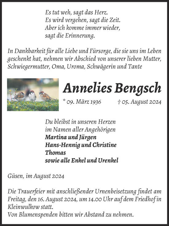 Traueranzeige von Annelies Bengsch von Volksstimme Burg/Genthin