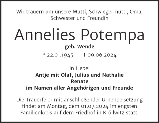 Traueranzeige von Annelies Potempa von Mitteldeutsche Zeitung Halle/Saalkreis
