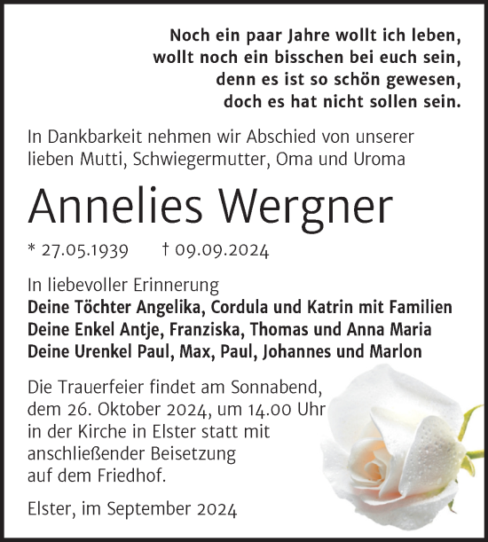Traueranzeige von Annelies Wergner von Trauerkombi Wittenberg