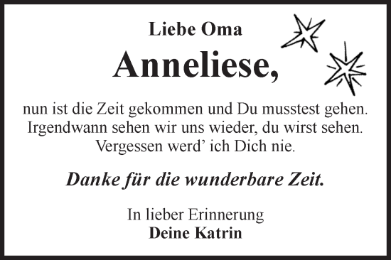 Traueranzeige von Anneliese  von Volksstimme Altmark Ost
