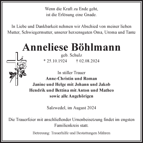 Traueranzeige von Anneliese Böhlmann von Volksstimme Altmark West