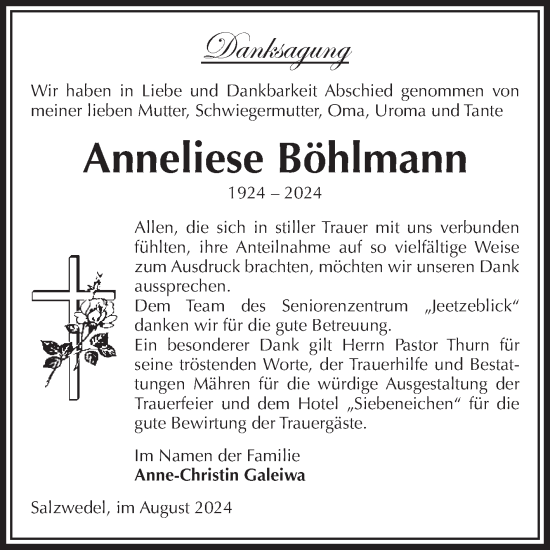 Traueranzeige von Anneliese Böhlmann von Volksstimme Altmark West