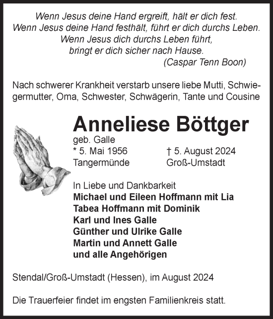 Traueranzeige von Anneliese Böttger von Volksstimme Altmark Ost