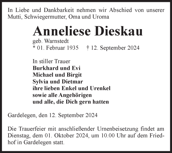 Traueranzeige von Anneliese Dieskau von Volksstimme Altmark West