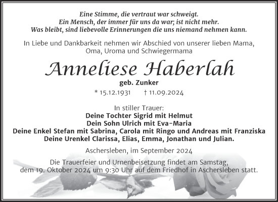 Traueranzeige von Anneliese Haberlah von Trauerkombi Aschersleben