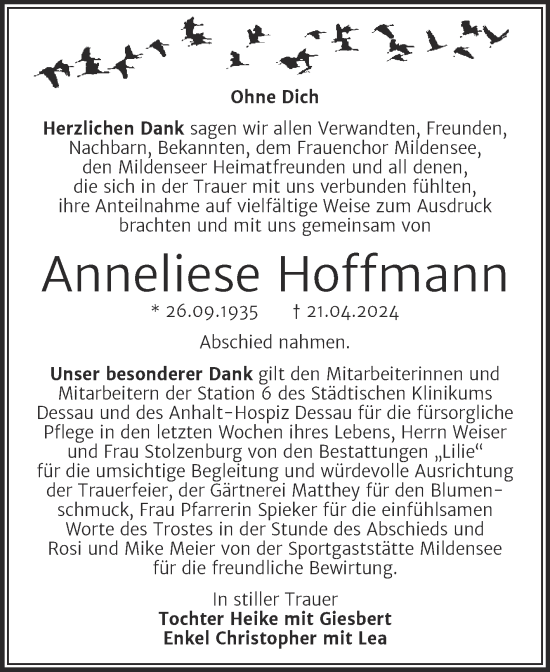 Traueranzeige von Anneliese Hoffmann von Trauerkombi Dessau