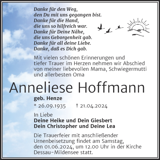 Traueranzeige von Anneliese Hoffmann von Trauerkombi Dessau