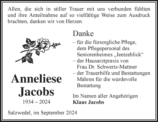 Traueranzeige von Anneliese Jacobs von Volksstimme Altmark West