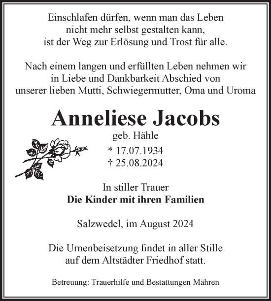 Traueranzeige von Anneliese Jacobs von Volksstimme Altmark West