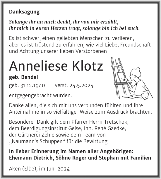 Traueranzeige von Anneliese Klotz von Trauerkombi Köthen