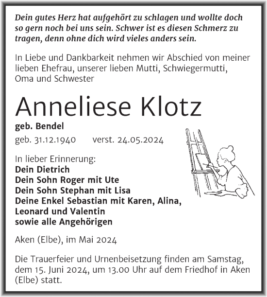Traueranzeige von Anneliese Klotz von Trauerkombi Köthen