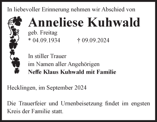 Traueranzeige von Anneliese Kuhwald von Volksstimme Staßfurt