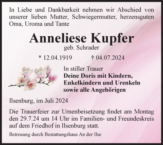 Traueranzeige von Anneliese Kupfer von Volksstimme Wernigerode