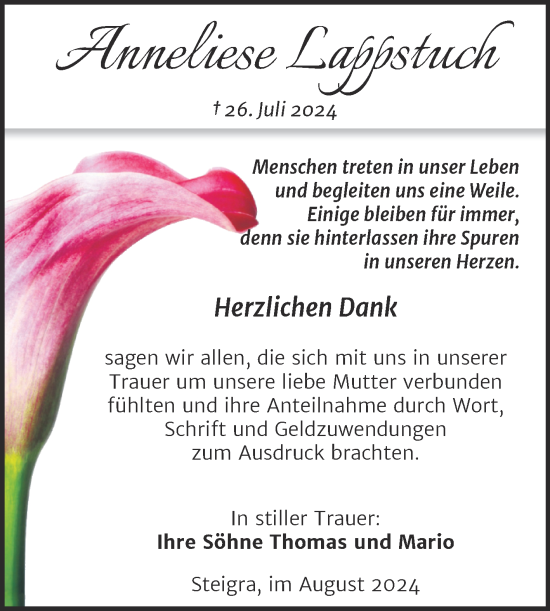 Traueranzeige von Anneliese Lappstuch von Trauerkombi Merseburg