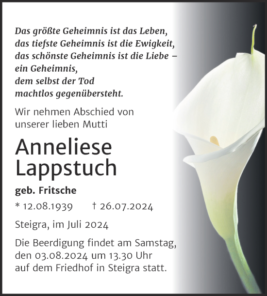 Traueranzeige von Anneliese Lappstuch von Mitteldeutsche Zeitung Merseburg/Querfurt