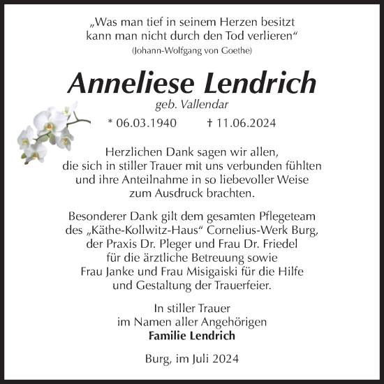 Traueranzeige von Anneliese Lendrich von Volksstimme Burg/Genthin