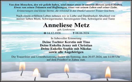 Traueranzeige von Anneliese Metz von Trauerkombi Wittenberg