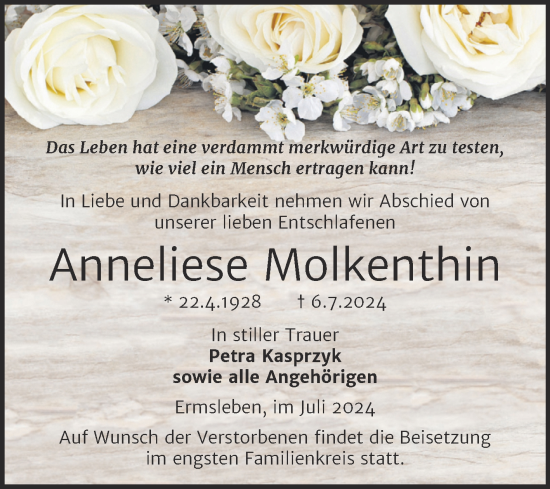 Traueranzeige von Anneliese Molkenthin von Trauerkombi Quedlinburg
