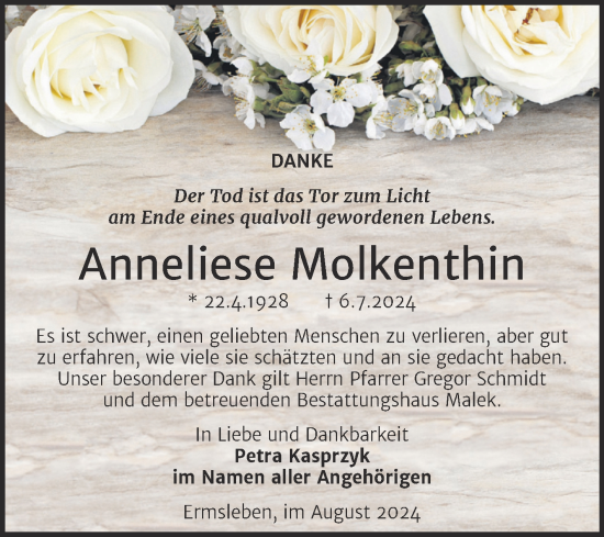 Traueranzeige von Anneliese Molkenthin von Trauerkombi Quedlinburg