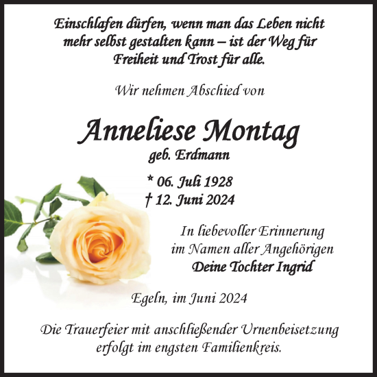 Traueranzeige von Anneliese Montag von Volksstimme Staßfurt