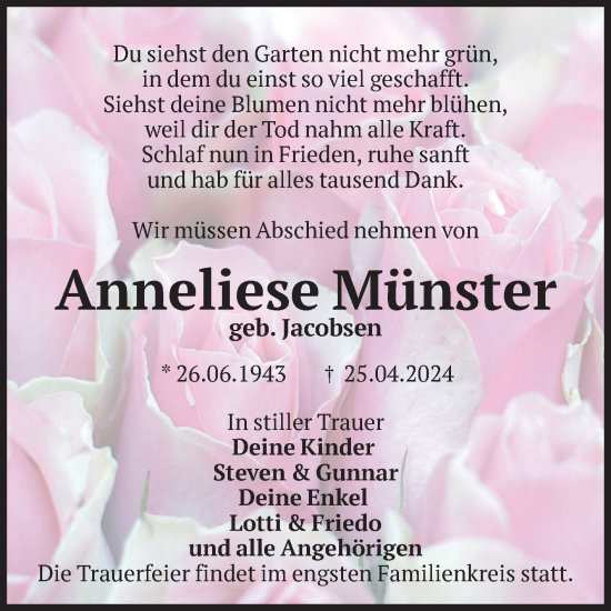 Traueranzeige von Anneliese Münster von Volksstimme Magdeburg