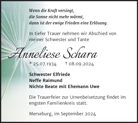 Traueranzeige von Anneliese Schara von Trauerkombi Merseburg