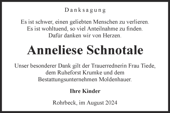 Traueranzeige von Anneliese Schnotale von Volksstimme Altmark Ost