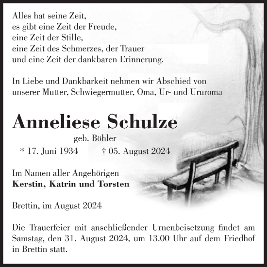 Traueranzeige von Anneliese Schulze von Volksstimme Burg/Genthin