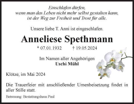 Traueranzeige von Anneliese Spethmann von Volksstimme Altmark West