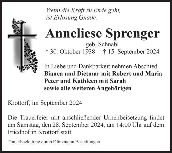 Traueranzeige von Anneliese Sprenger von Volksstimme Oschersleben/Wanzleben