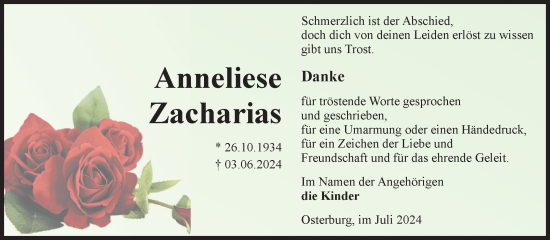 Traueranzeige von Anneliese Zacharias von Volksstimme Altmark Ost