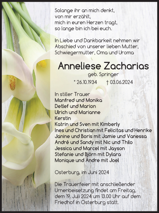 Traueranzeige von Anneliese Zacharias von Volksstimme Altmark Ost