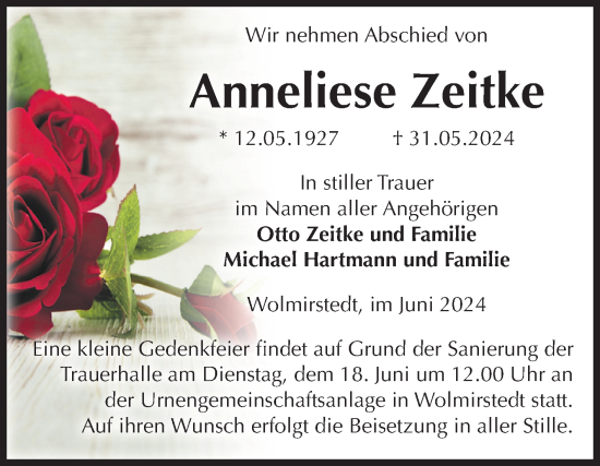 Traueranzeige von Anneliese Zeitke von Volksstimme Haldensleben/Wolmirstedt