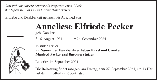 Traueranzeige von Anneliese Elfriede Pecker von Volksstimme Altmark Ost