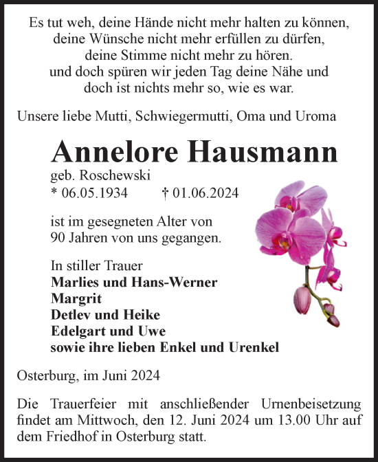 Traueranzeige von Annelore Hausmann von Volksstimme Altmark Ost