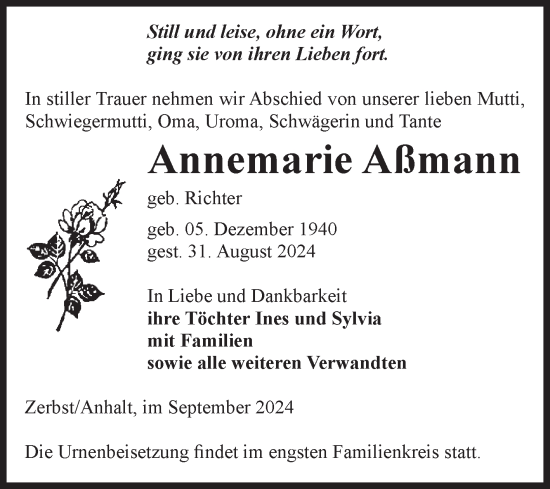 Traueranzeige von Annemarie Aßmann von Volksstimme Zerbst