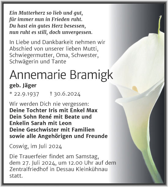 Traueranzeige von Annemarie Bramigk von Trauerkombi Wittenberg