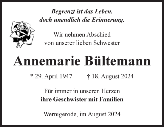 Traueranzeige von Annemarie Bültemann von Volksstimme Wernigerode