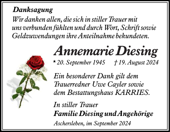 Traueranzeige von Annemarie Diesing von Trauerkombi Aschersleben